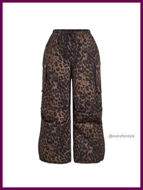 Plus Size Leopard Print Cargo Pants Drawstring Wide Leg Baggy Trousers